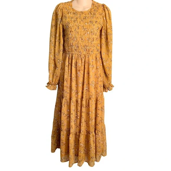 August Sky Mustard Yellow Floral Smocked Tiered Midi Dress Small Long Sleeve - Picture 1 of 13